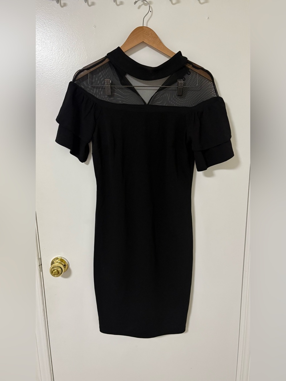 Enfocus Studio Black Midi Dress with Sheer Mesh Yoke and Flutter Sleeves